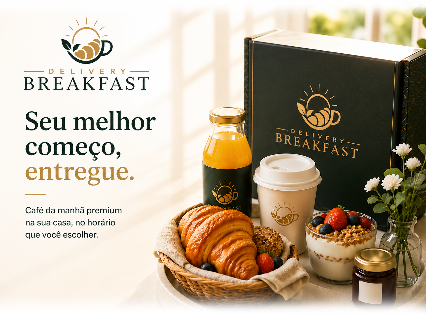 Seu melhor começo, entregue. Café da manhã premium na sua casa, no horário que você escolher.